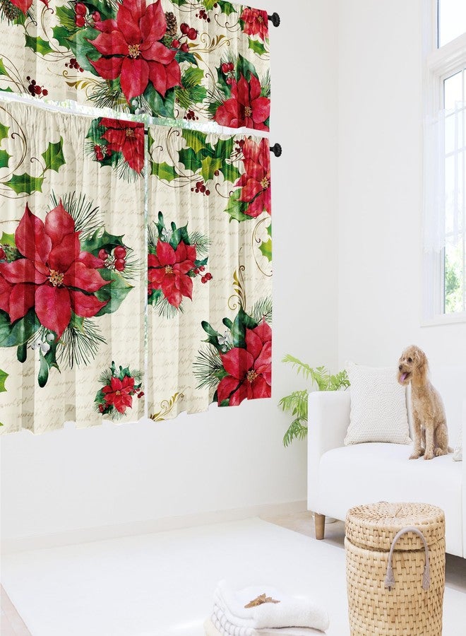 SUNWISHA Poinsettia Christmas Curtain Valances Set, Upper & Lower Curtains,52'' L x 18'' W & 36'' L x 26'' W, Holiday Bedroom Decoration, Kitchen Windows Decor, 3 Piece Set, Red - Image 3